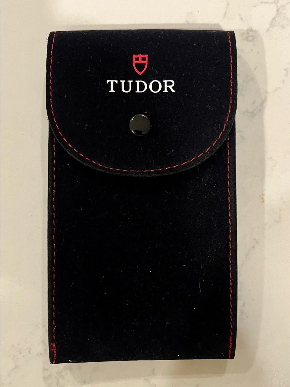 Authentic Tudor Black Velvet Pouch with Red Stitching for Travel & Service.